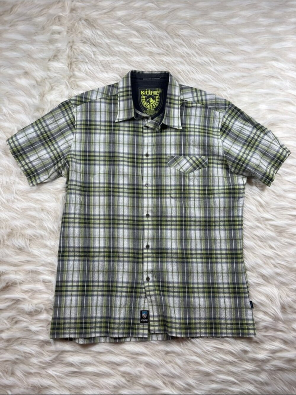 KUHL Short Sleeve Men's XL Green Cream Plaid Shirt